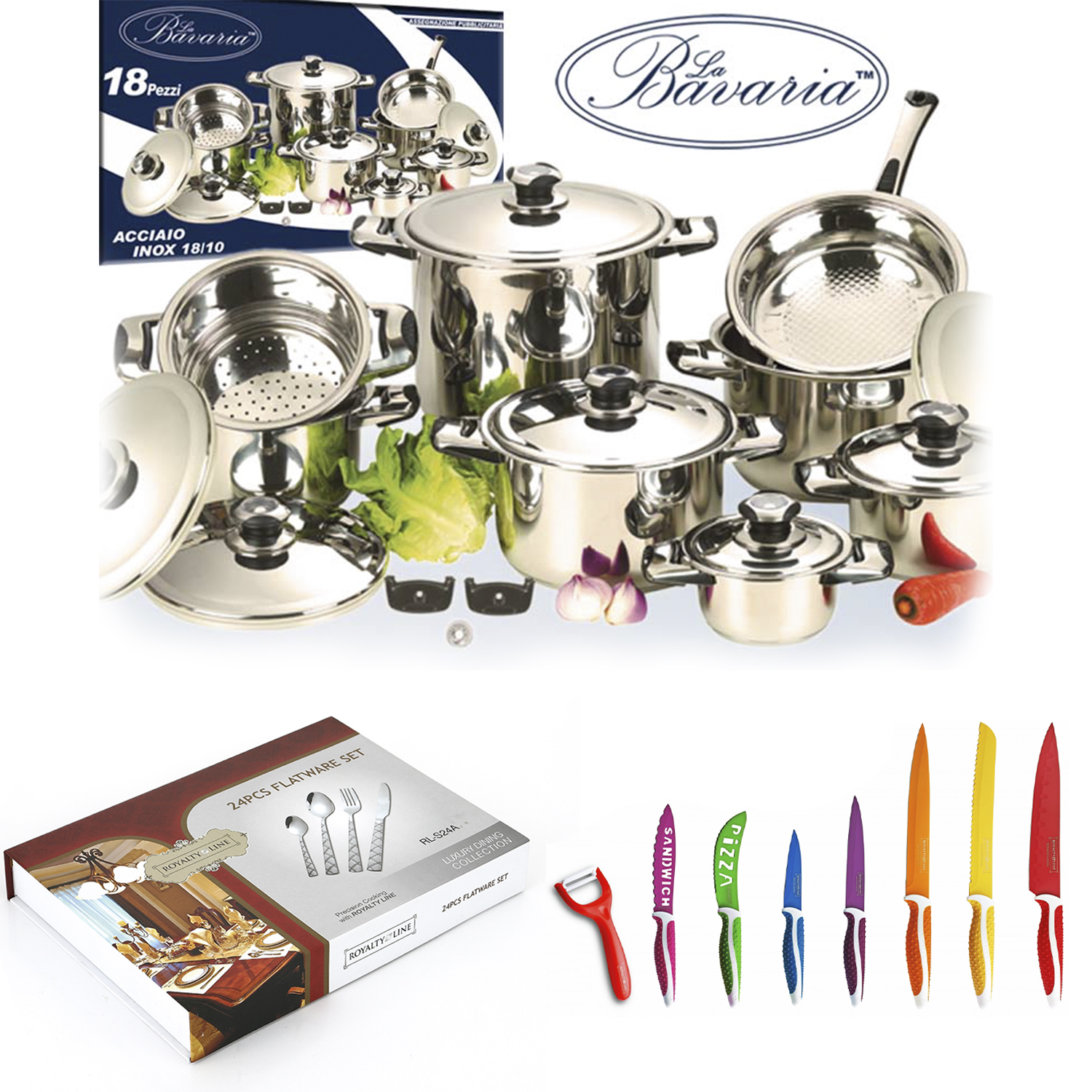 bBATTERIA POTS BAVARIA CUTLERY AND KNIVES ROYALTY LINE 50 PIECES